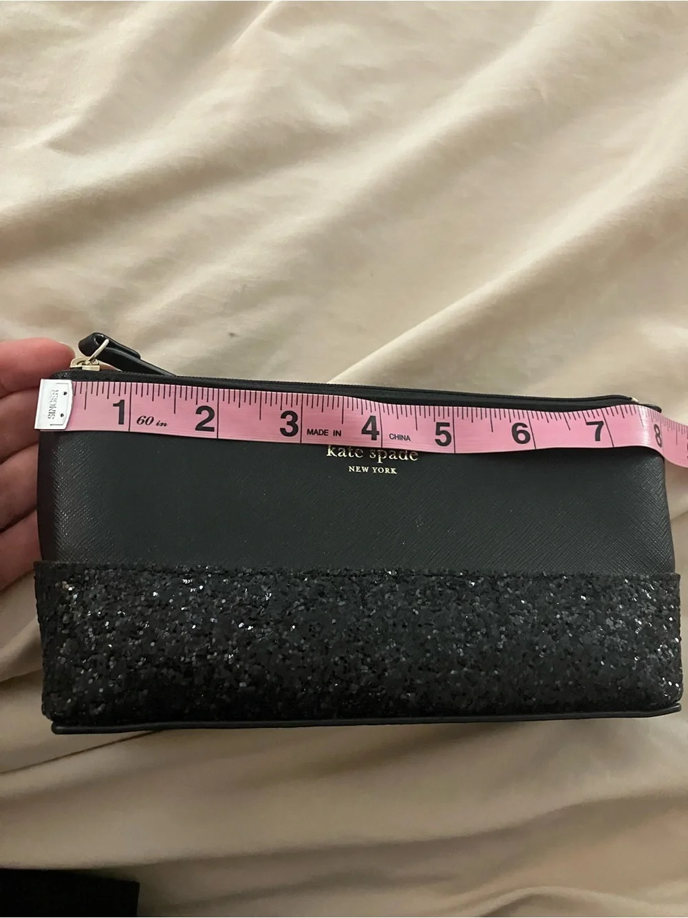 Kate Spade New York Black Saffiano Leather Glitter Makeup Bag Cosmetic Pouch Zip